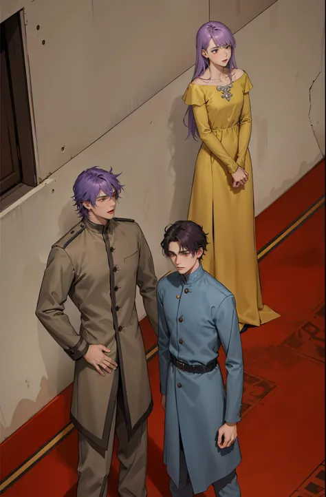 There are two men and a woman in a palace, teens with purple hair, they are 16 years old.