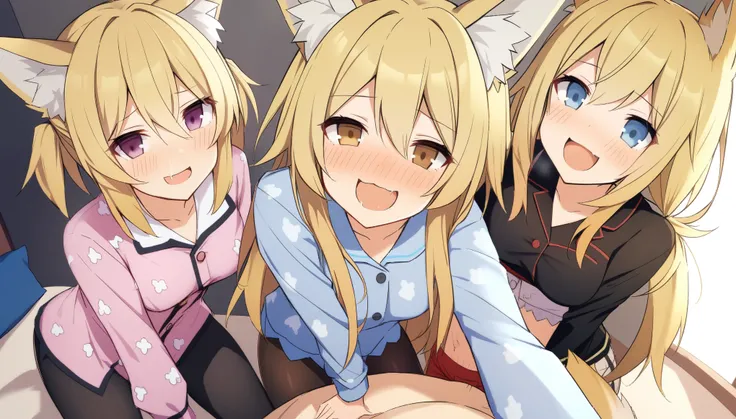 Date-A-Live:3, (Lumine with fox ears:1.5, Yuzetai, Yuzetai assertive female donmai.us), 3girls, fox girls, blonde hair, selki, arknights, fox ears, shaders, assertive female, girl on top, breast, Pov:2, stomach, shirt, princess connect, hugging viewer, dro...