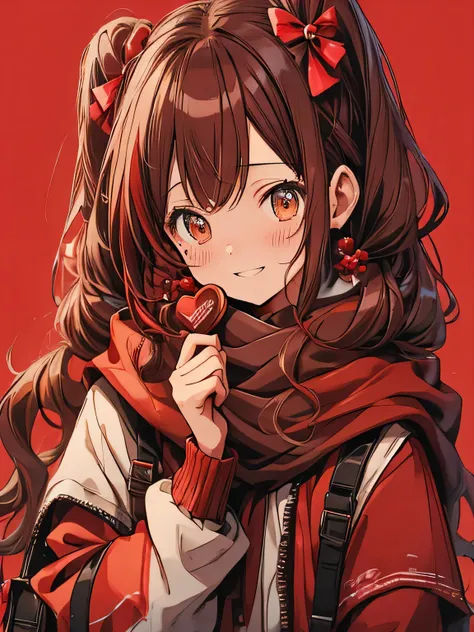 Brown eyes、Long Hair、Twin tails、scarf、Red background、Duffle coat、chocolate、girl、colorful hair ornaments、Valentine、Wavy Hair、Embarrassed face、Red cheeks、Laughter、smile、smile、I have chocolate