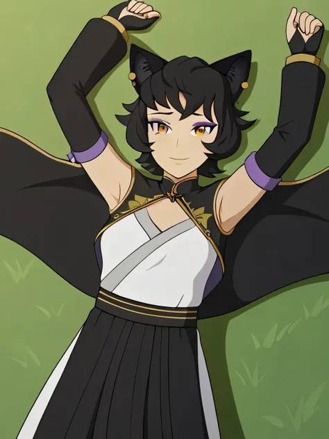 best quality, masterpiece, 4k, uncensored, perfect lighting, very aesthetic, anime BREAK,
mature female, kali belladonna, lying on back, arms up, spread arms, on grass, smile, closed mouth, BREAK looking at viewer, (cowboy shot:1.5),