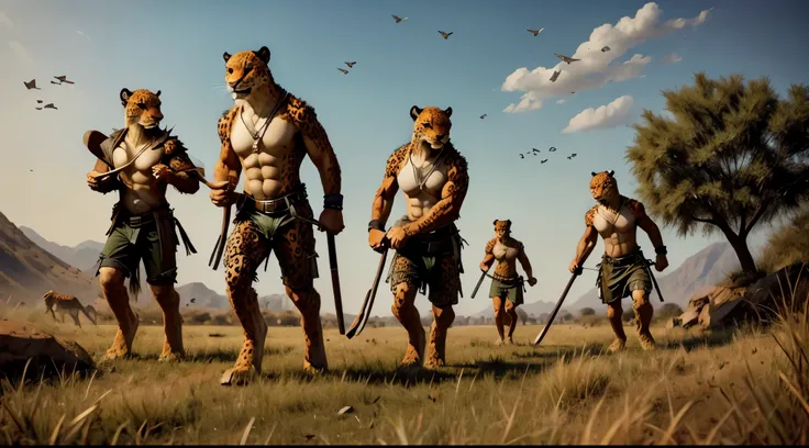 ((a group of anthro leopards carrying spears hunting antelope in the tall grass)), masterpiece, best, photo realistic