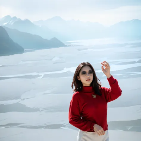 Wearing a red sweater、Woman in sunglasses holding white frisbee, an Asian woman, author：Gavin Hamilton (Gavin Hamilton), Created by experienced artists, Inspired by Oswalt Terry, Asian woman, posture, White background, Jackie Tsai style, Wearing a red turt...