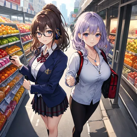 Two Girls -Glasses, No Glasses
Style theme: Two Girls, Masterpiece
Character: girl with purple hair, long wavy hair, bright personality, navy blue blazer, red and white 
checked skirt, silver cross necklace, leather bracelet, smiling, posing, holding camer...