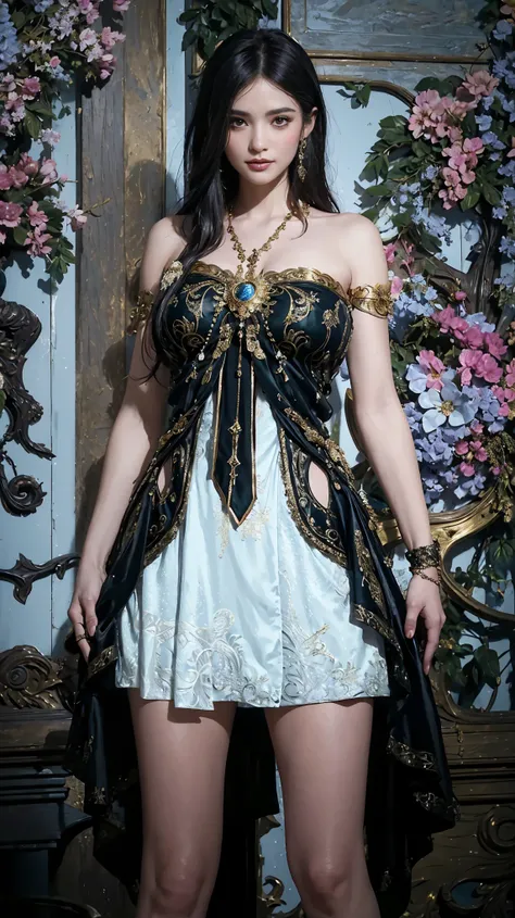 a close up of a woman in a dress and a sword, fantasy outfit, ornate attire, fantasy dress, very detailed and rich clothing, intricate fantasy dress, gilded outfit, ornate clothing, wearing fantasy formal clothing, intricate outfit, ornate dress, style of ...