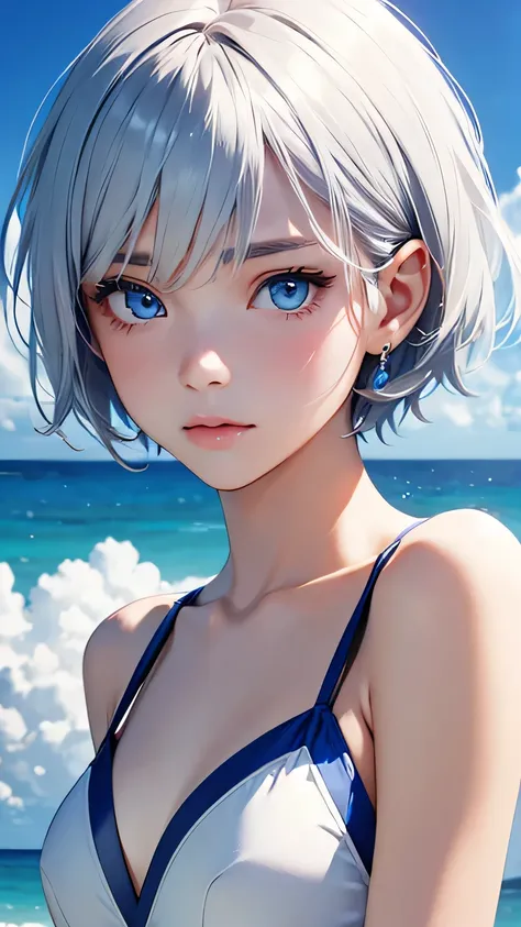 highest quality、Realistic、Women、Japanese、zoom、look up、cute、Ocean、cobalt blue eyes、Silver Hair、Short Hair、Swimwear、Face close-up、slender、Small breasts