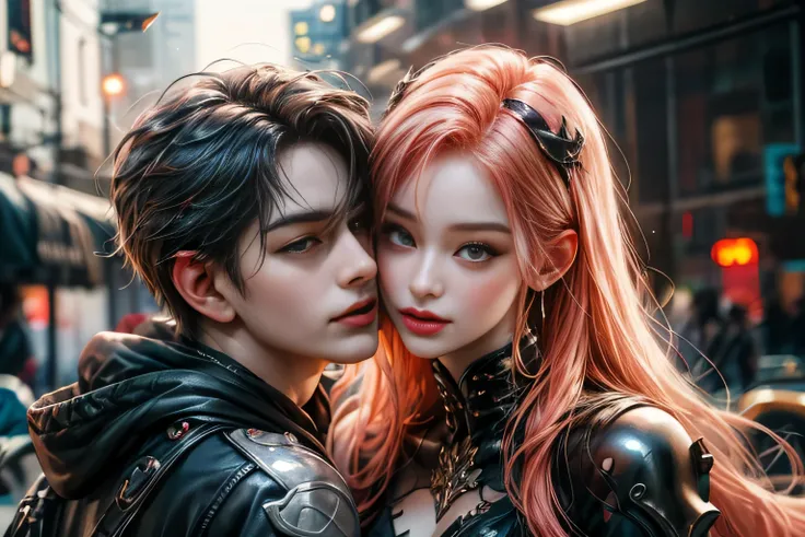 2 characters: cyberpunk woman celebrating valentine's day with cyberpunk man, (gothic couple), beautiful face, great quality ani...