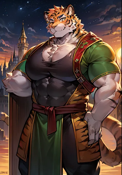 solo male, young, thin, lithe, muscular body, massive pecs, ripped body, bulging pecs, saggy pecs, round pecs, huge pecs, tiger knight, standing under the stars, fantasy background with castle in the distance, facing viewer, head tilted to the side, beauti...