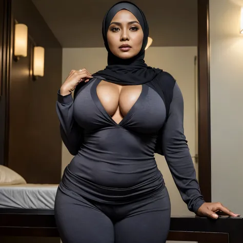 46 years Old, ((Hijab Indonesian Beautiful Middle Age woman)), Massive Gigantic Saggiest Breast : 8, Tight Pajamas, ((Busty Thicc Body)), ((Realistic Perfect Six Pack abs)), ((Thicc Fitness Body)), ((Navel Piercing)), Breast about To burst out from her clo...