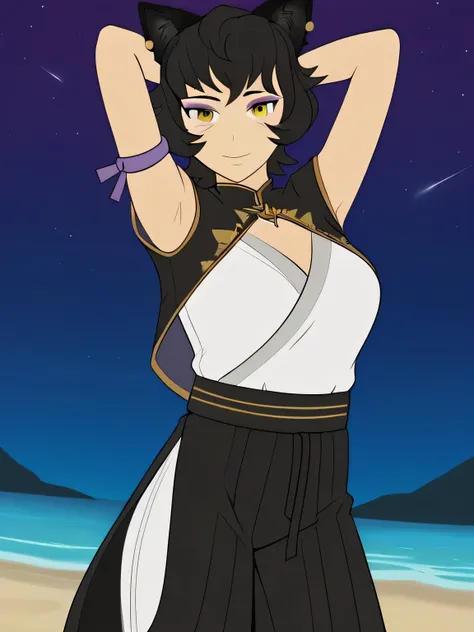 best quality, masterpiece, 4k, uncensored, perfect lighting, very aesthetic, anime BREAK,
mature female, night sky, beach,
kali belladonna, contrapposto, closed mouth, spread armpit, arms behind head, smile, BREAK looking at viewer, (cowboy shot:1.5),