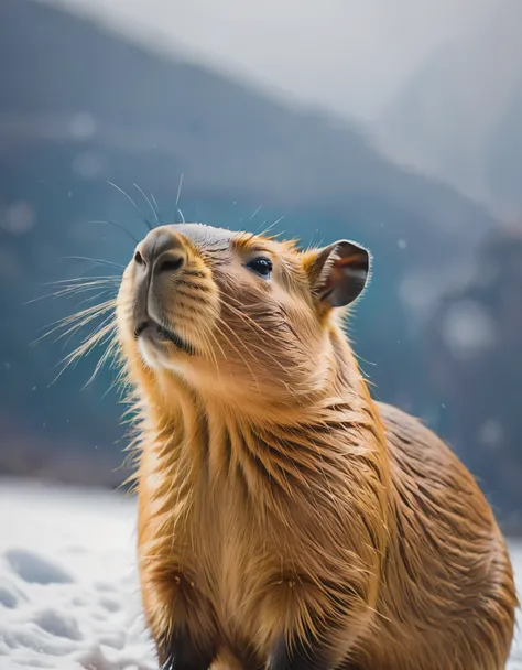 1 Capybara，traditional media,look up,Cold Background ,(animal portrait、Capybara details） ,( Solitary)