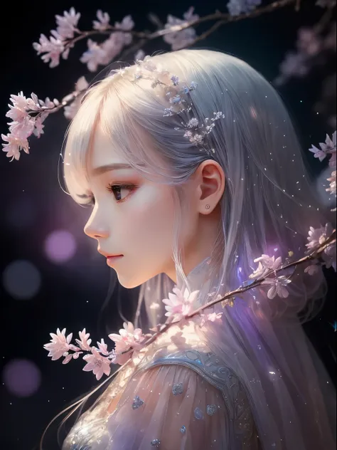 Sparkling  ,branch of delicate lilac flowers、Ultra-transparent、Holy Light、Beautiful spectrum of light、Petal brilliance、Blink、Dark Background、Transparent Drops of Light、reflected light、发Optics、The light shines through、Optics学科、portrait profile、Sharp focus、m...