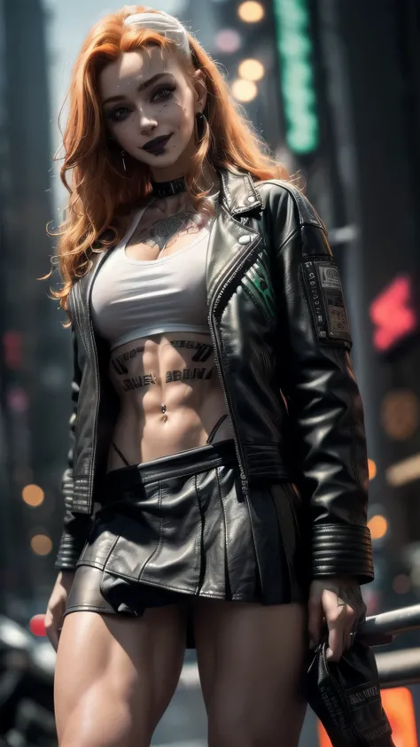 (masterpiece), (extremely intricate:1.3), (realistic), female, 19 years old, ((([small breasts:large breasts:0.8], long curly [blonde hair:bright ginger hair:0.3], solo, 1girl, (smiling black lipstick, (bodybuilder, abdominals, cyberpunk street))))), metal...