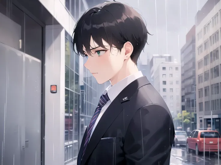 (wet overflow, wet on hair, wet on clothes), (Heavy rain:1.5), side angle, (looking away:1.5), masterpiece、highest quality、(25-year-old male:1.5) and (Brown short hair) and (Green Eyes), (Wearing a suit:1.3)、Wearing a white shirt、Wearing a blue tie、Are sta...