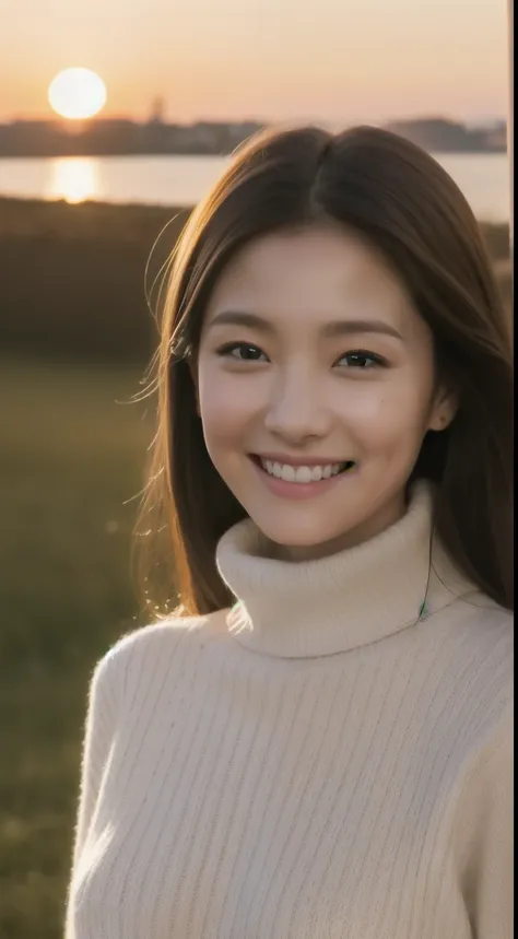 The face is a hostess、Turtleneck sweater、hiquality、A hyper-realistic、healthy、Smiling expression、Slender perfect figure、Japan beauties、beautidful eyes、face perfect、Beautiful skin、the setting sun、Mare