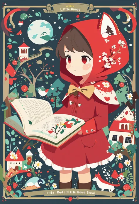 picture book cover, story of Little Red Riding Hood, flat Design, vector illustrations, graphic illustration, detailed 2d illustration, flat illustration, digital illustration, digital artwork,