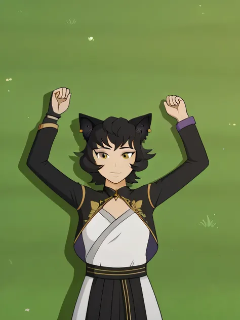 best quality, masterpiece, 4k, uncensored, perfect lighting, very aesthetic, anime BREAK,
mature female, kali belladonna, lying on back, arms up, spread arms, on grass, smile, closed mouth, BREAK looking at viewer, (cowboy shot:1.5),