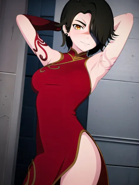 cinderfall, cinder fall, short hair, black hair, (yellow eyes:1.5),
BREAK gloves, dress, jewelry, earrings, black gloves, elbow gloves, hair over one eye, tattoo, scar, chinese clothes, red dress, china dress, solo,
contrapposto, spread armpit, arms behind...