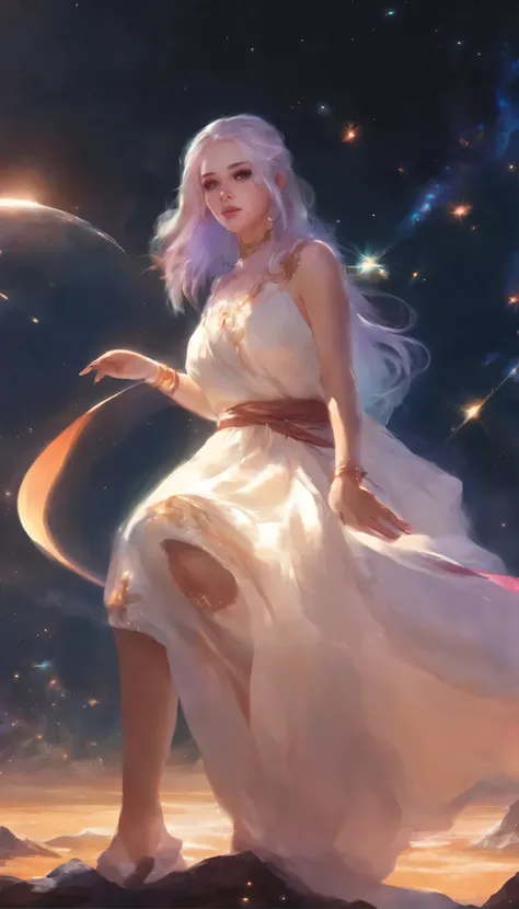 Close-up of a woman with colorful hair and necklace、Anime girl with space hair、The soft vitality of Rossdraws、Gouvez style artwork、Fantasy art style、colorful]、Vibrant fantasy style、Vibrant Rossdraws cartoons、Cosmic and colorful、Guweiz、Colorful digital fant...