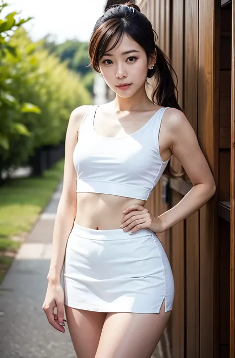 Real photoReal photo、Highest imYear quality、Realistic、Beautiful woman、Sleeveless、No sleeve、Holding、Beautiful thighs、beautiful white panties、Beautiful Face、本当の私は何Yearも、federal army uniform miniskirt、ponytail、Yuriko Yoshitaka、16 year old Japanese female、Zuo々...