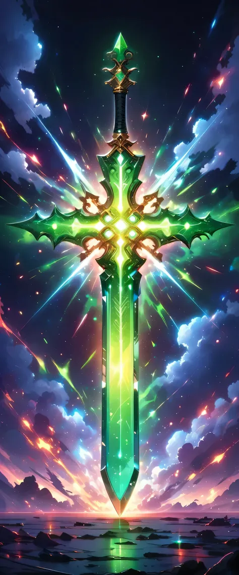 There is a green sword in the sky，There is a green sword on it, glowing green soul blade, Glowing sword, Magic Sword, Detailed key animation art, Shadowverse style, Shining Sword, Shining Sword, Shadowverse, holy sword, Profile picture 1024px, Official art...