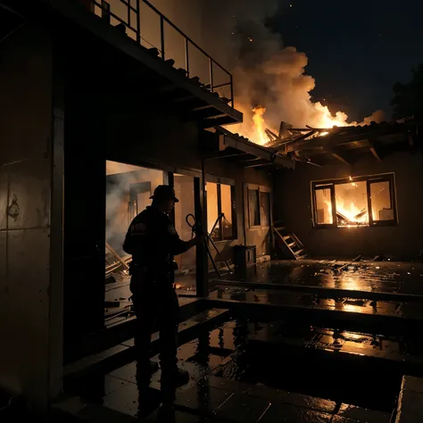 Bombero americano, apagando un incendio sobre una casa, sobre una escalera, tirando agua con su manguera 