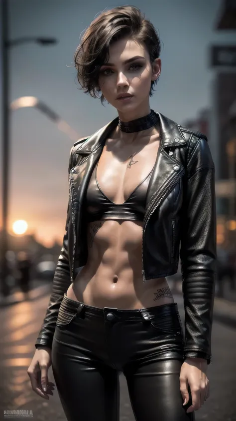 (masterpiece), (extremely intricate:1.3), (realistic), muscular bodybuilder girl, ((short undercut (([blonde hair:dark hair:0.2], [flat chest:large breasts:0.8], upper body, makeup:1.5, black leather jacket, leather pants, loose white t-shirt)), tattoo:1.2...