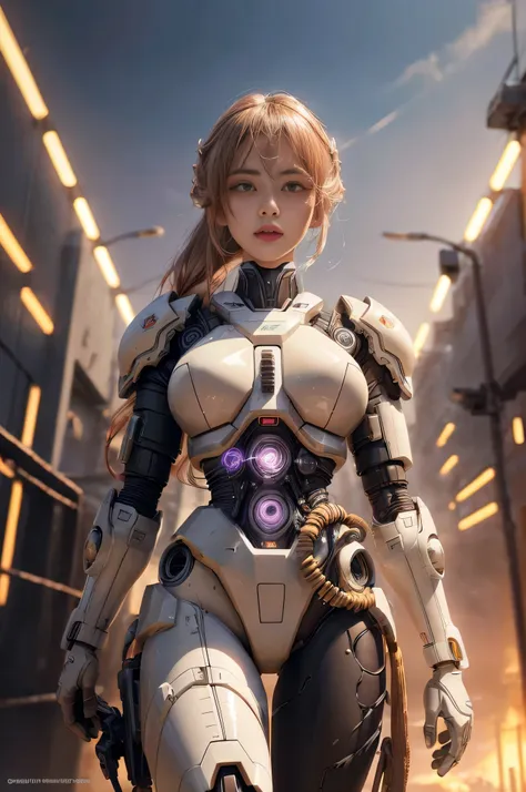 1mechanical_girl_with_kidou_keisatsu_patlabor_body , wearing_intricate_bioluminescent_mechanical_cyborg_armor_made_out_of ((white_beige_old_plastic)) , ((ultra realistic details)), detailed_face, global_illumination, shadows, octane_render, 8k, ultra_sharp...