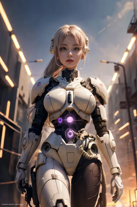 1mechanical_girl_with_kidou_keisatsu_patlabor_body , wearing_intricate_bioluminescent_mechanical_cyborg_armor_made_out_of ((white_beige_old_plastic)) , ((ultra realistic details)), detailed_face, global_illumination, shadows, octane_render, 8k, ultra_sharp...