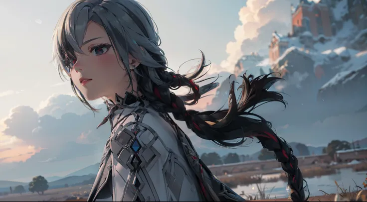 shenhedef, upper body, seductive look, blush, outdoors, snowflake scenery, looking at viewer, cloudy, moody lighting, (perfect detail eyes:1.2), glowing eyes, (long hair one braid:1.2), elemental skill effect, (Masterpiece, Best Quality, High Quality:1.4),...