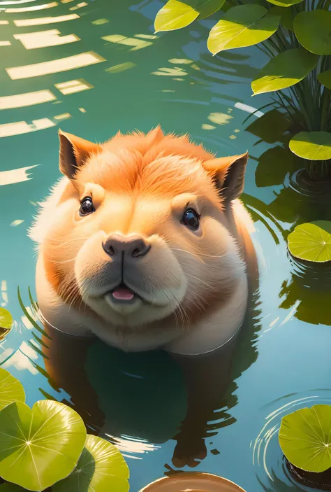 capybara in a pool,sunlight,crystal clear reflection,realistic,high quality,ultra-detailed,photorealistic:1.37,ultra-fine painting,natural colors,warm tones,soft shadows