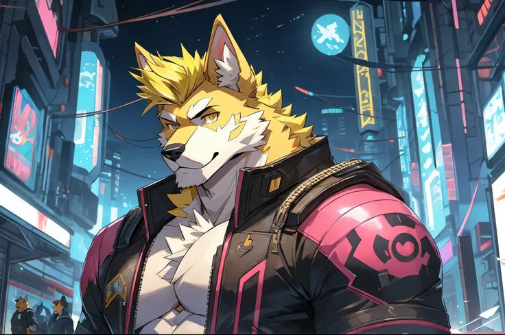 perfect face, bara furry, dog man, big body, pink skin, short quiff yellow hair, yellow eyes, perfect eyes, big dog ears, handsome, cyberpunk, in the sky