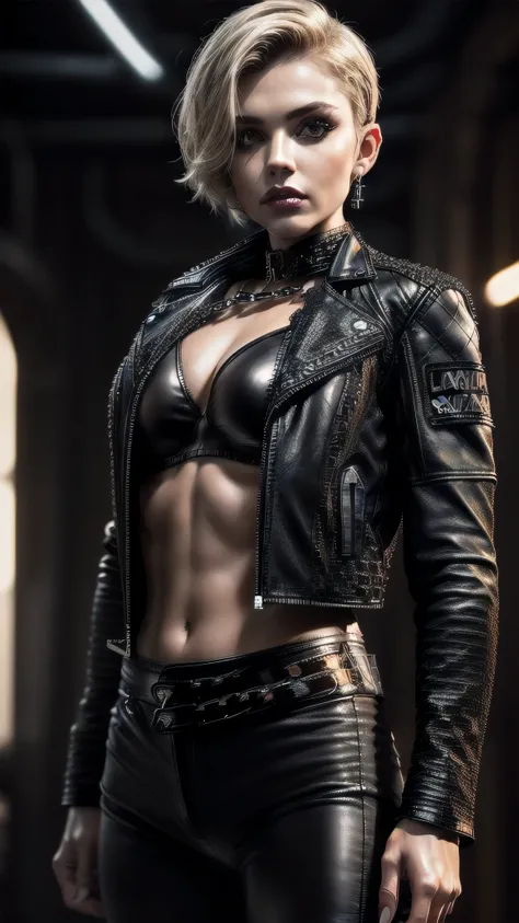 (masterpiece), (extremely intricate:1.3), (realistic), muscular bodybuilder girl, ((short undercut (([blonde hair:dark hair:0.62], [flat chest:large breasts:0.8], upper body, makeup:1.5, ((black leather jacket, leather pants, chrome perfectchainmail bra)),...