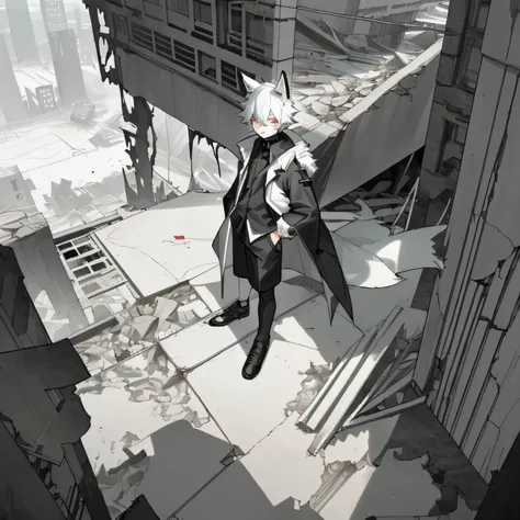 boy,One Boy,White fur boy,Canine ears,personification,wearing a black coat,Shorts,Horn with the left side missing,Furry,Blank look,Ruined City,Debris of a collapsed building,Monochrome World,Detailed lines,masterpiece,Little boy