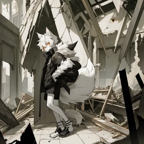 boy,One Boy,White fur boy,Golden Eyes,Canine ears,tail,personification,wearing a black coat,Shorts,Horn with the left side missing,Furry,Hollow Eyes,Ruined City,Debris of a collapsed building,Monochrome World,masterpiece,Young boy