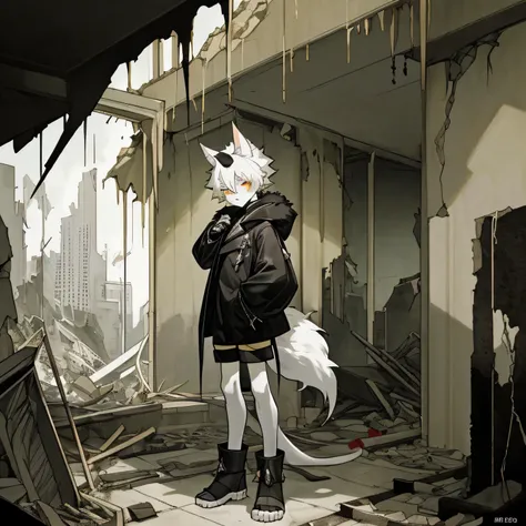 boy,One Boy,White fur boy,Golden Eyes,Canine ears,tail,personification,wearing a black coat,Shorts,Horn with the left side missing,Furry,Hollow Eyes,Ruined City,Debris of a collapsed building,Monochrome World,masterpiece,Young boy