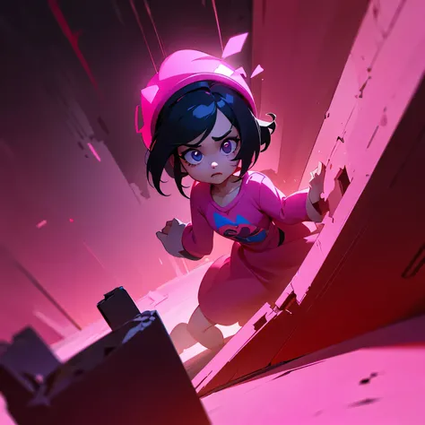 the character Penelope from (Wreck-It Ralph) wearing a pink dress in a dark place with little lighting and with her scared face, 3D animation version