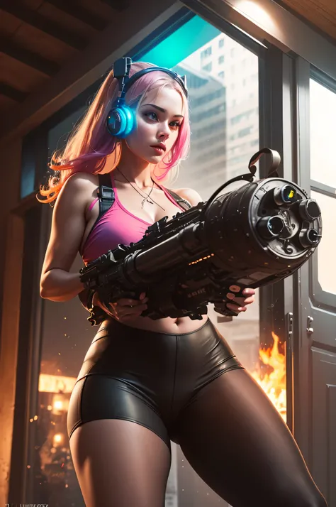 unreal engine:1.4,CG K ultra realistic, photorealistic:1.4, skin texture:1.4, artwork 1girl, Gatling gun, Shell, looking at viewer, dynamic pose, Blows, ammunition belt, gloves, breasts, shooting, extremely detailed :1.4, more detailed, optical mix, playfu...