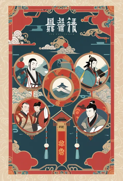 cover page, Four major folk legends of ancient China, flat Design, vector illustrations, graphic illustration, detailed 2d illustration, flat illustration, digital illustration, digital artwork,