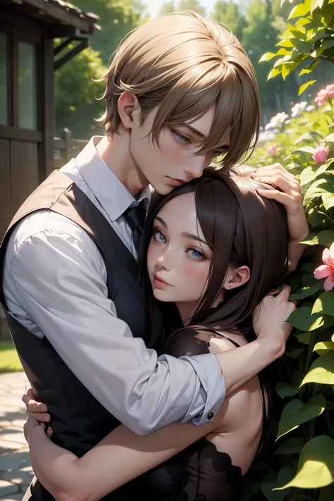 masterpiece, highest quality, High resolution, super detailed, perfect anatomy, detailed face, fine eyes, ((1 girl、1 boy)), a boy hugs a girl, hug from behind, kiss, hetero, dark blonde hair, bob hair, looking away, in garden, smile