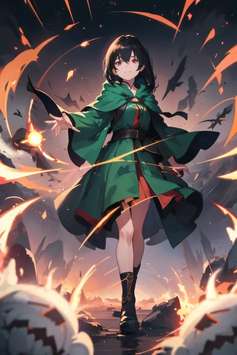 a beautiful girl, medium length simple witch green medieval dress, high boots, a green cloak hoody, the girl is invoking magic with her hands, where a jet of white and red light comes out with runes and rays, girl in profile, full body, in a magical and co...