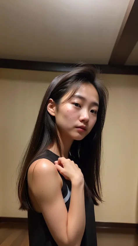 A young Asian woman，Have Chinese facial features，without make-up，Long hair，Messy hair，Skin blemishes，Skin spots，Skin Texture，Upper Body，Wearing a black short-sleeved dress，Short height，subjective perspective，reality，Realism，Background curtains，Low light