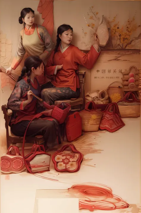 Three women weaving sunflower art products, Sunflower Art Product Production，Museum ink painting, traditional Chinese painting, Chinese writing brush pen illustration, 古中traditional Chinese painting, traditional Chinese Ink Painting, Chinese watercolor sty...