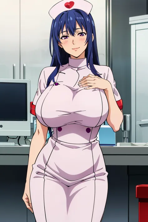 (white nurse outfit : 1.3), (white nurse hat), medicalroom, nijou aki, 27 yo, mature women, anime cels style, best quality, high...