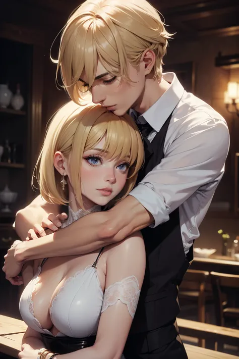 masterpiece, highest quality, High resolution, super detailed, perfect anatomy, detailed face, fine eyes, ((1 girl、1 boy)), a boy hugs a girl, hug from behind,  hetero, blonde hair, bob hair, bangs, looking away, smile