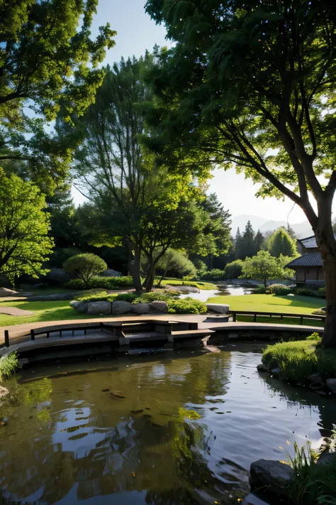 Pond with trees and grass in the foreground，A cow is eating grass, countryside in japan, Japanese Village, peaceful scene, 在Tranquil scenery中, Dense forests in Japan, Peaceful scene, Quiet environment, royal green and nature light, Lush Japanese scenery, P...