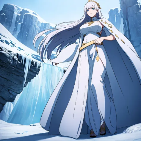 a woman wearing white dress with gold details, long dress, wearing an ice blue fur cape, long bank hair, ice blue eyes, walking ...