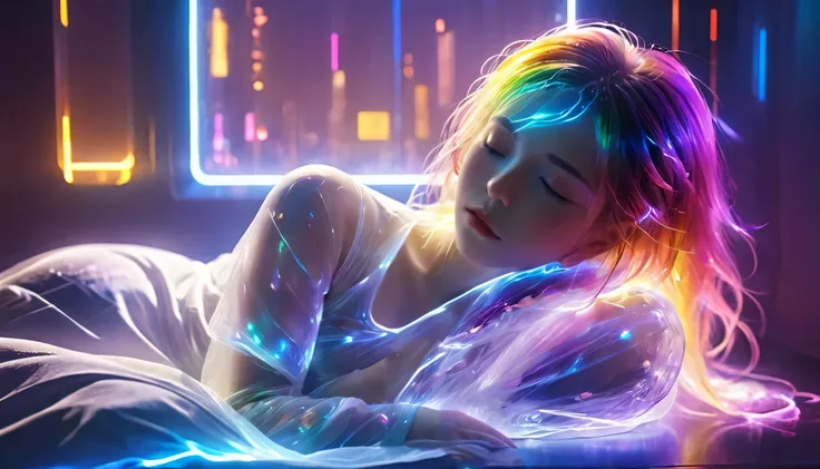 {{masterpiece}}, best quality, extremely detailed cg unified 8k wallpaper, movie lighting,cyberpunk, a woman sleeping in bed，sle...