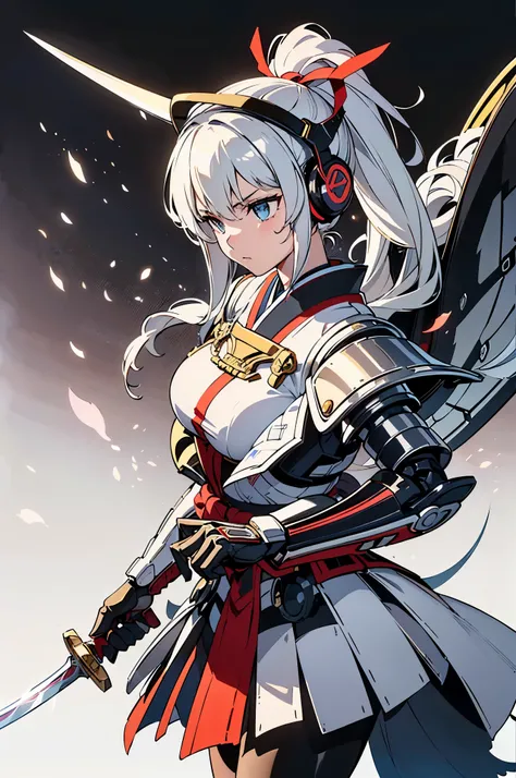 (Dynamic pose:1.2)、Beautiful woman,((head shot:1.3))、(((samurai kimono)))、((Cyber Headphones:1.3))、((メカニカルheadgear:1.3))、(((Mechanical Samurai、Machinery Armor))), ((Perfect figure, Beautiful Face, Beautiful Face, Ponytail Hairstyles, Beautiful Skin, Very d...