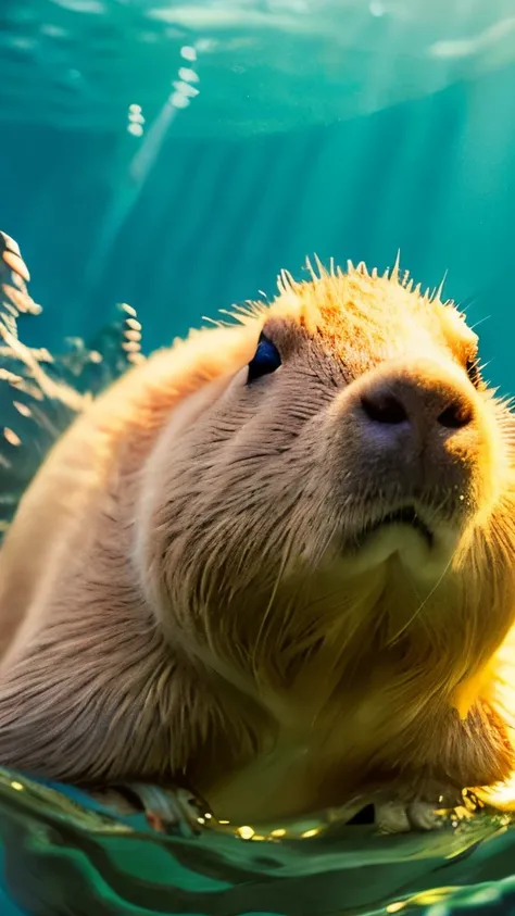 ((Best quality, 8K, Masterpiece :1.3)), One capybara with exceptional coat: 1.2, ((Large rodent with webbed feet: 1.1)), ((Swimming in pristine, clear water: 1.4)), Sharp focus on its distinctive features: 1.5, Realistic rendering of its textured skin and ...