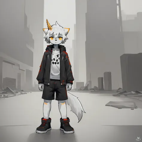 Little Boy,one person,White fur boy,Large broken horn,Golden Eyes,Canine ears,tail,personification,Black coat,Shorts,Cyberpunk Fashion,Furry,Ruined City,Debris of a collapsed building,Monochrome World,masterpiece,Cute design